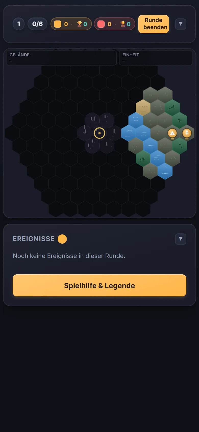 Hex War auf dem Smartphone mit kompakter Rundenleiste, Karte und Ereignis-Panel