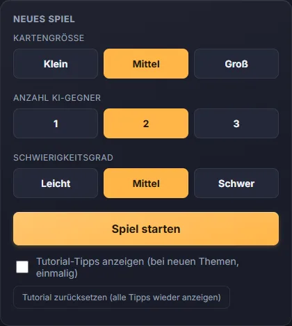 Startbildschirm von Hex War mit Auswahl von Kartengröße, Anzahl der KI-Gegner und Schwierigkeitsgrad